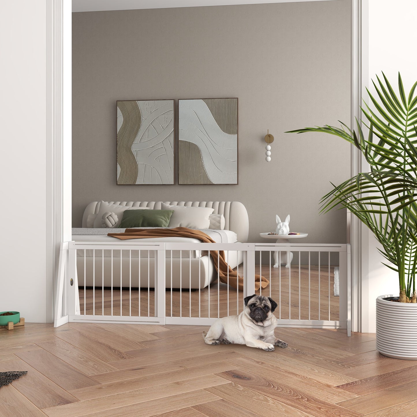 28"-75" Freestanding Wooden Pet Gate with Support Feet & Non-Slip Mats