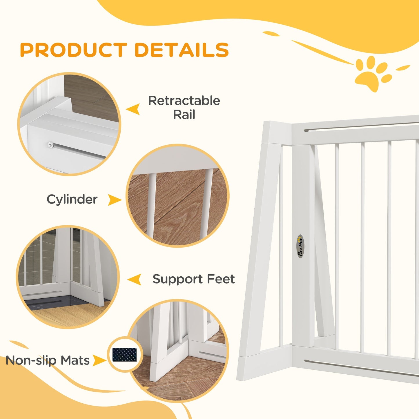 28"-75" Freestanding Wooden Pet Gate with Support Feet & Non-Slip Mats