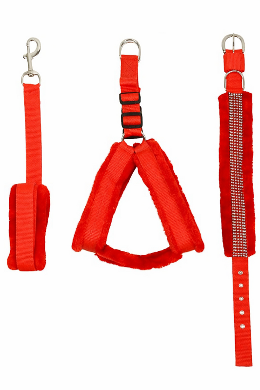 Red Velvet Harness, Leash, and Studded Collar Set